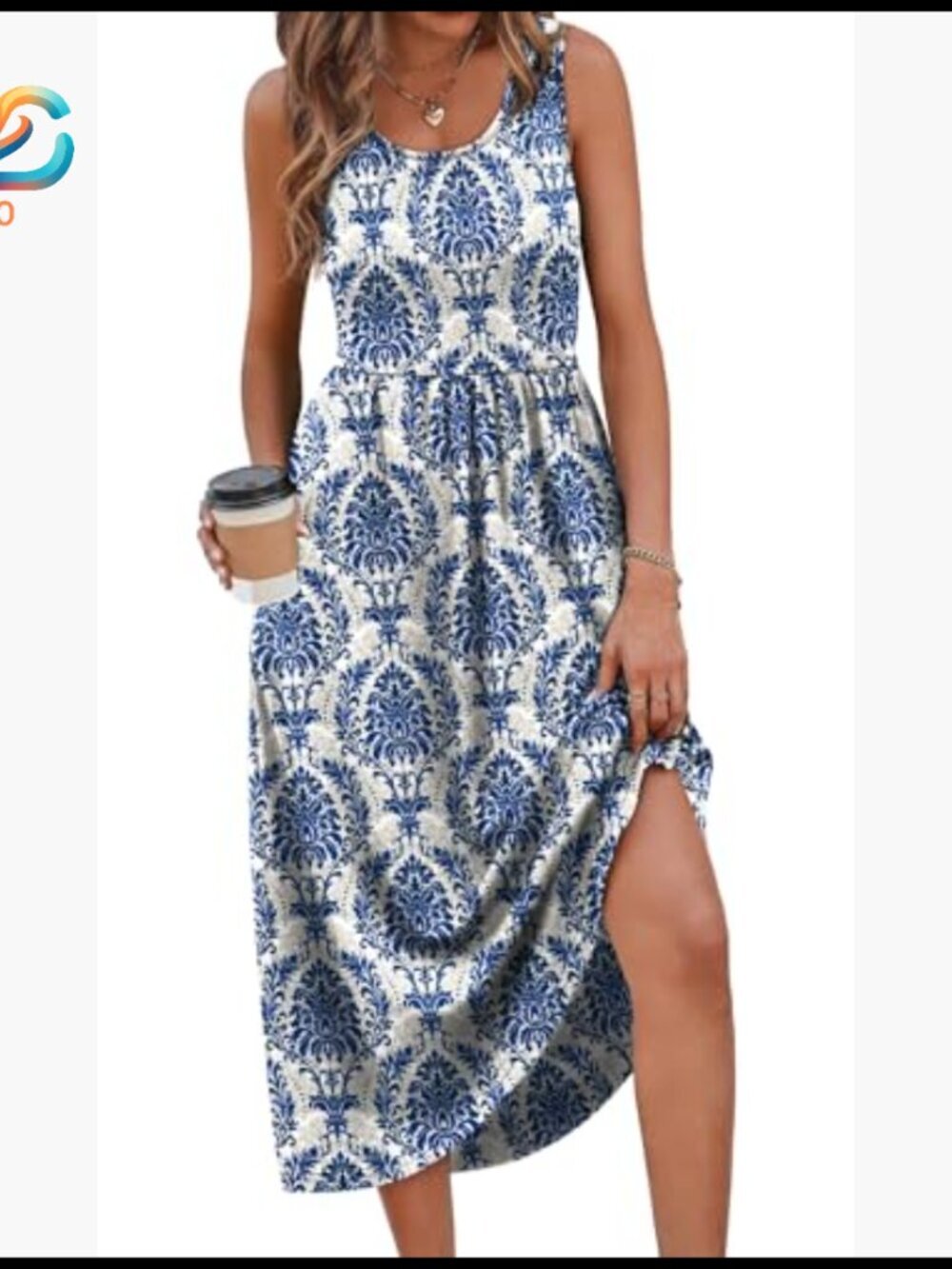Flowy Midi Dress with Pockets, Casual Summer Vacation Sundress - Picture 2 of 7
